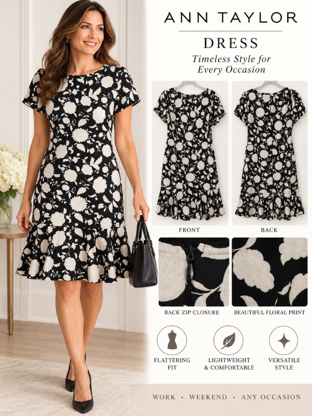 Ann Taylor Black & White Floral Ruffle Hem Dress Size 6P